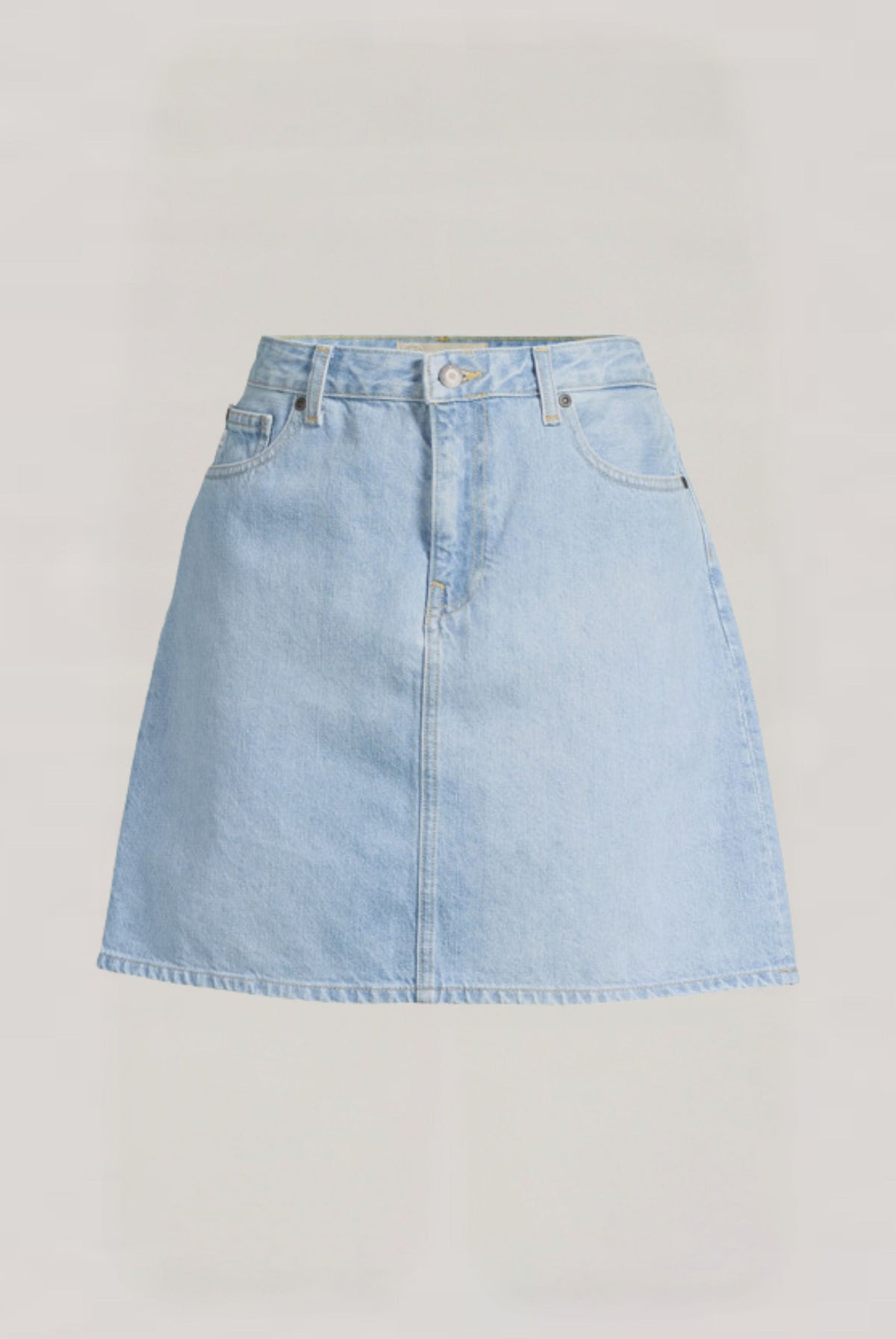 Light blue denim skirt with classic five-pocket design, high waist, and button closure on a white background.