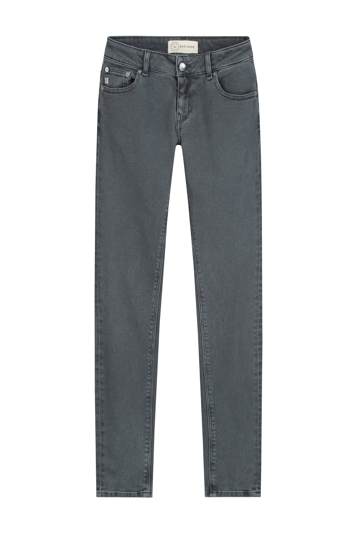 Gray MUD Jeans made from organic cotton, showing a pair of slim-fit denim jeans with front pockets and belt loops.